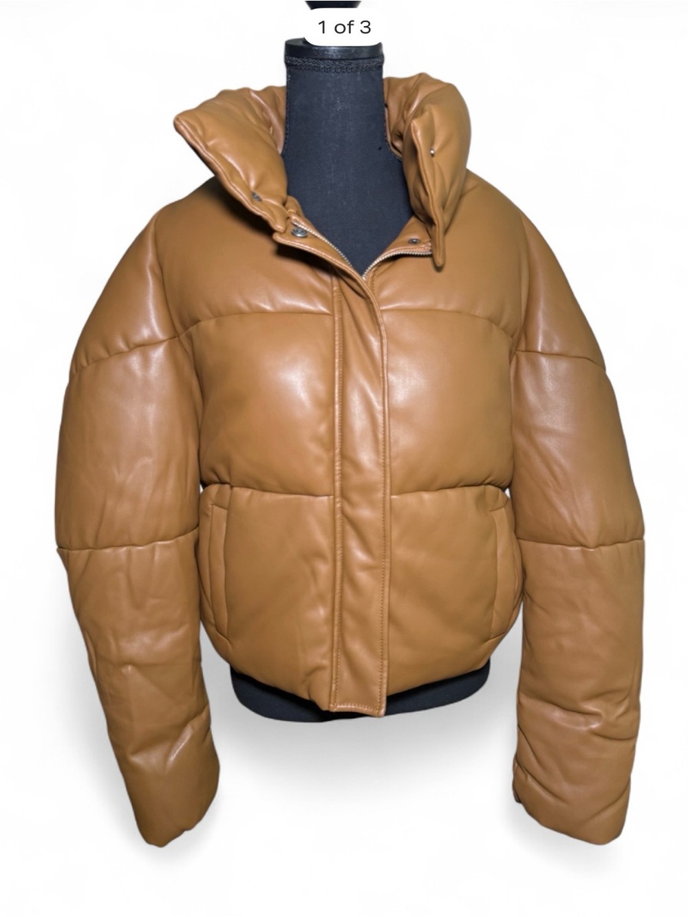 Apparis Cognac Faux Leather Puffer Jacket